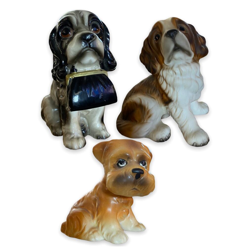 Vintage Ceramic 3 Dogs Puppy Cocker Spaniel Saint Bernard Retro MCM Kitschy
